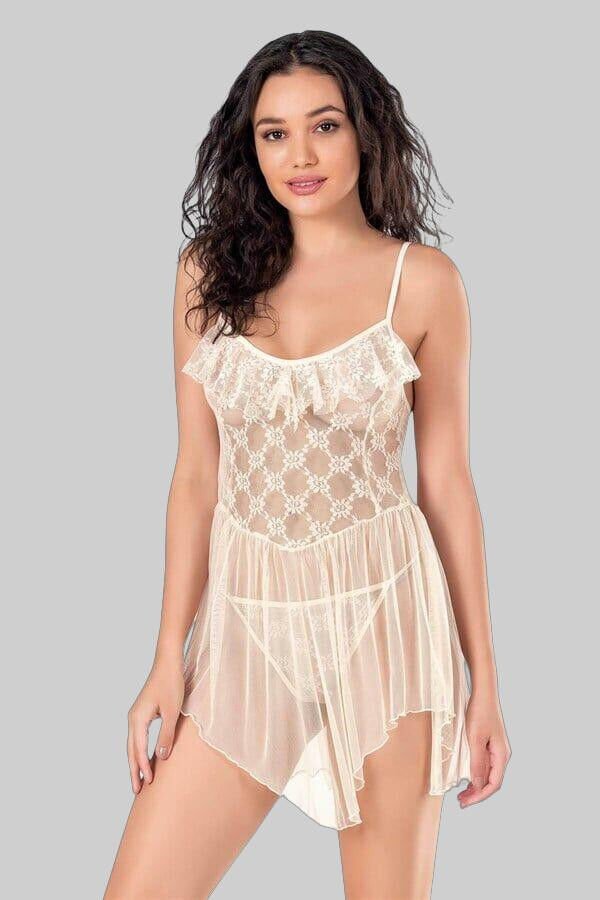 Fildişi Kısa Tül Gecelik