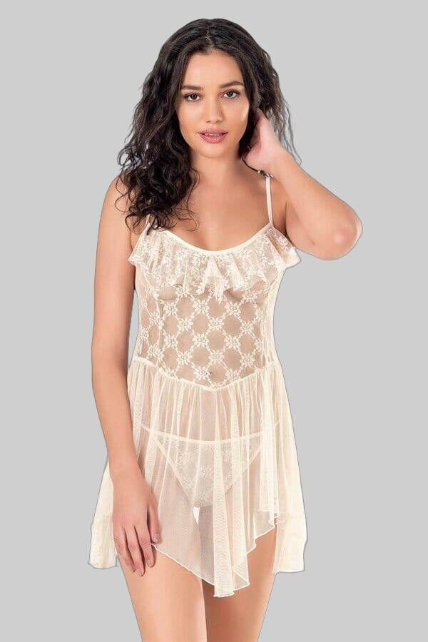 Fildişi Kısa Tül Gecelik