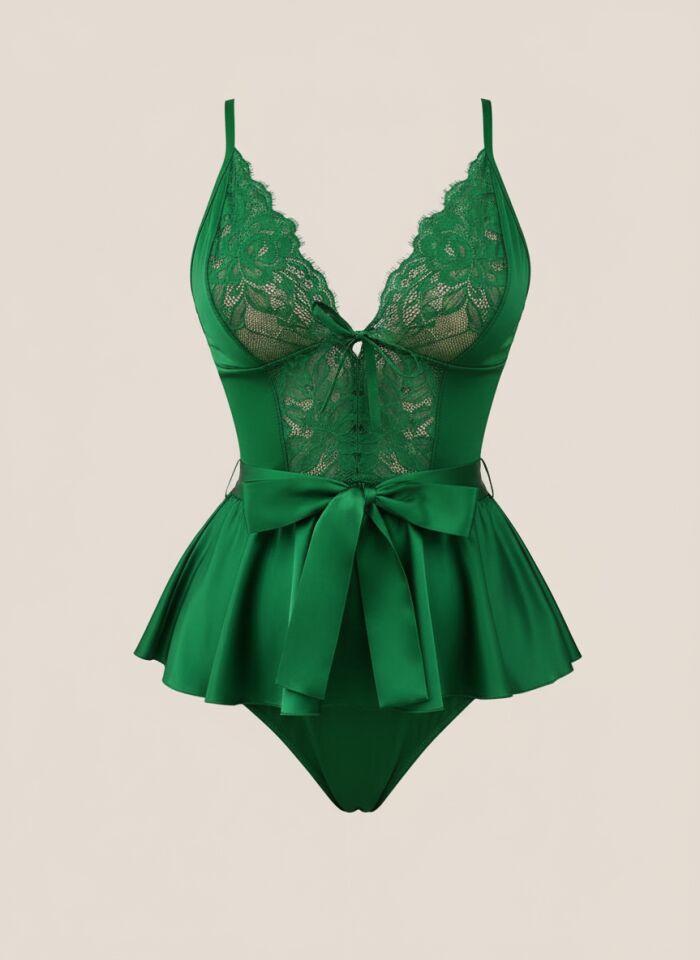 Arias Closet Yeşil Dantel İşlemeli Kurdelalı Fantezi Tül Babydoll