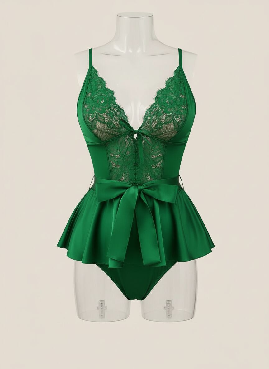 Yeşil Dantel İşlemeli Kurdelalı Fantezi Tül Babydoll