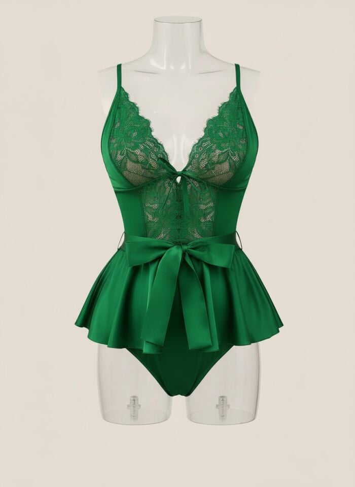 Arias Closet Yeşil Dantel İşlemeli Kurdelalı Fantezi Tül Babydoll