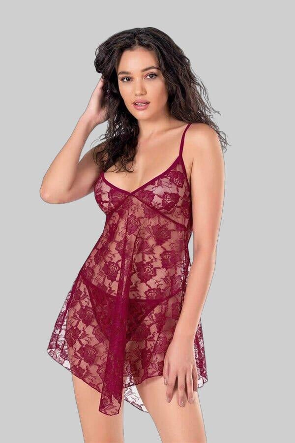 Arias Closet Bordo Kısa Tül Gecelik