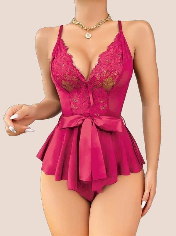 Arias Closet Fuşya Dantel İşlemeli Kurdelalı Fantezi Tül Babydoll