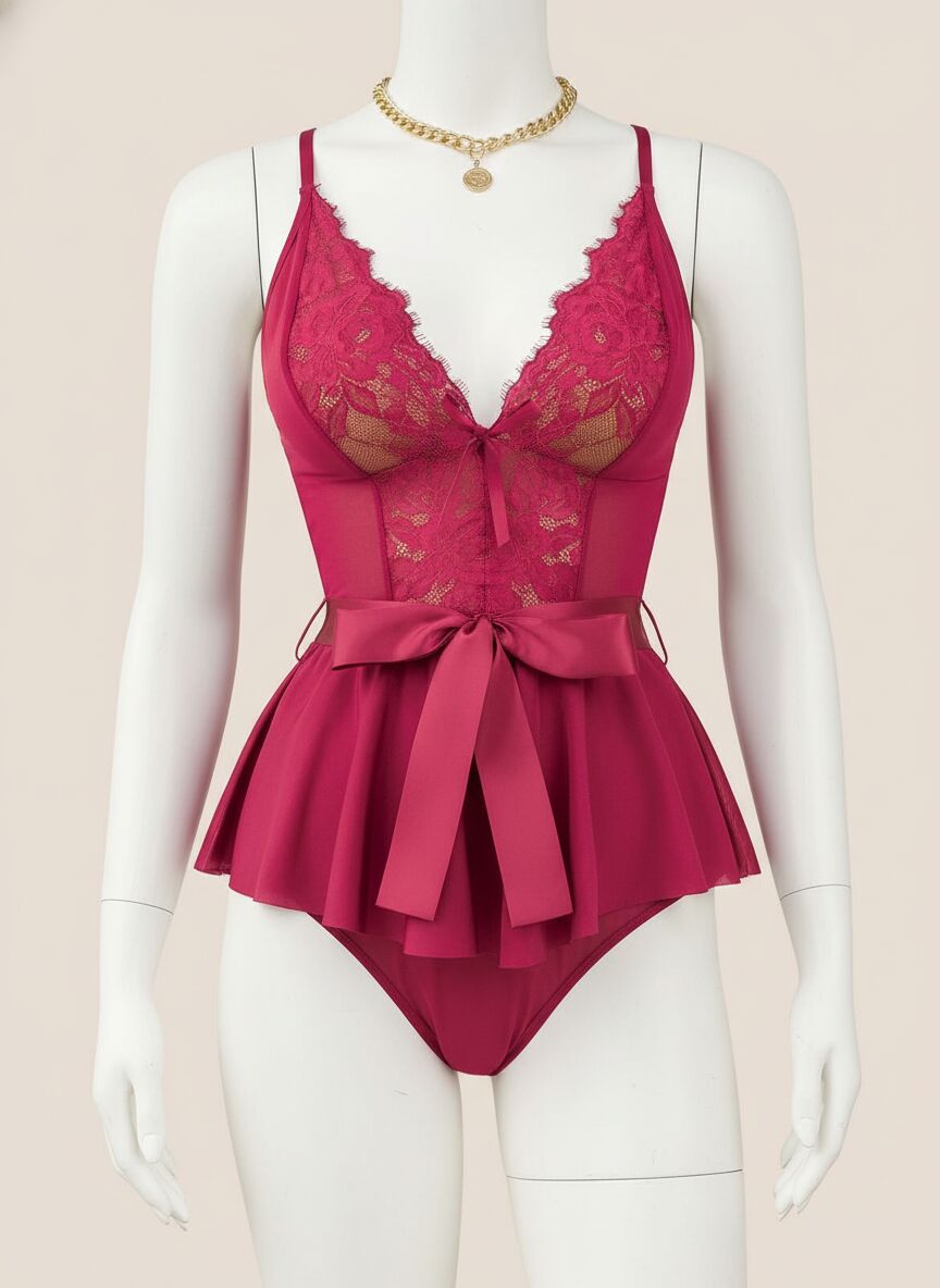 Fuşya Dantel İşlemeli Kurdelalı Fantezi Tül Babydoll