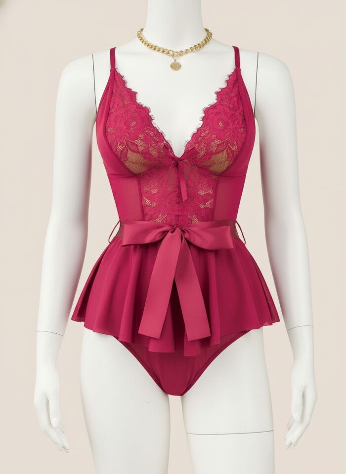 Fuşya Dantel İşlemeli Kurdelalı Fantezi Tül Babydoll