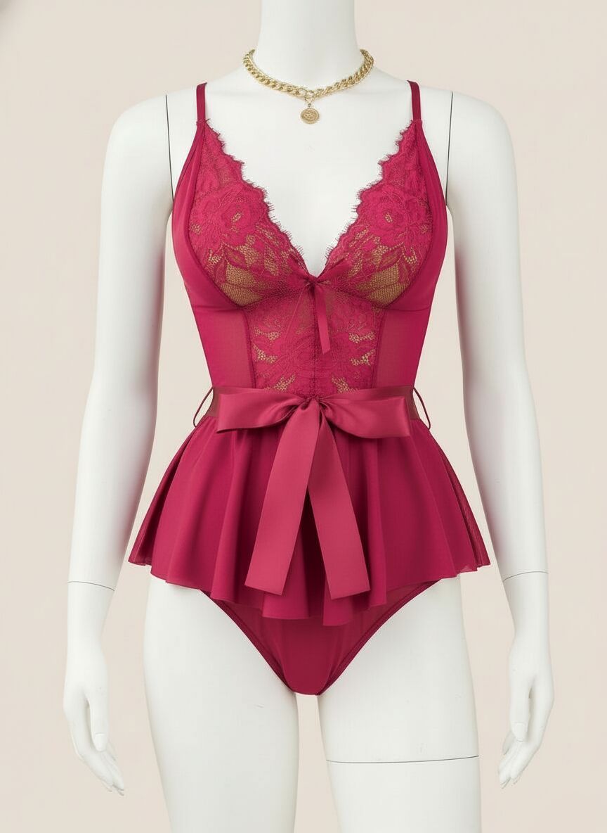 Arias Closet Fuşya Dantel İşlemeli Kurdelalı Fantezi Tül Babydoll