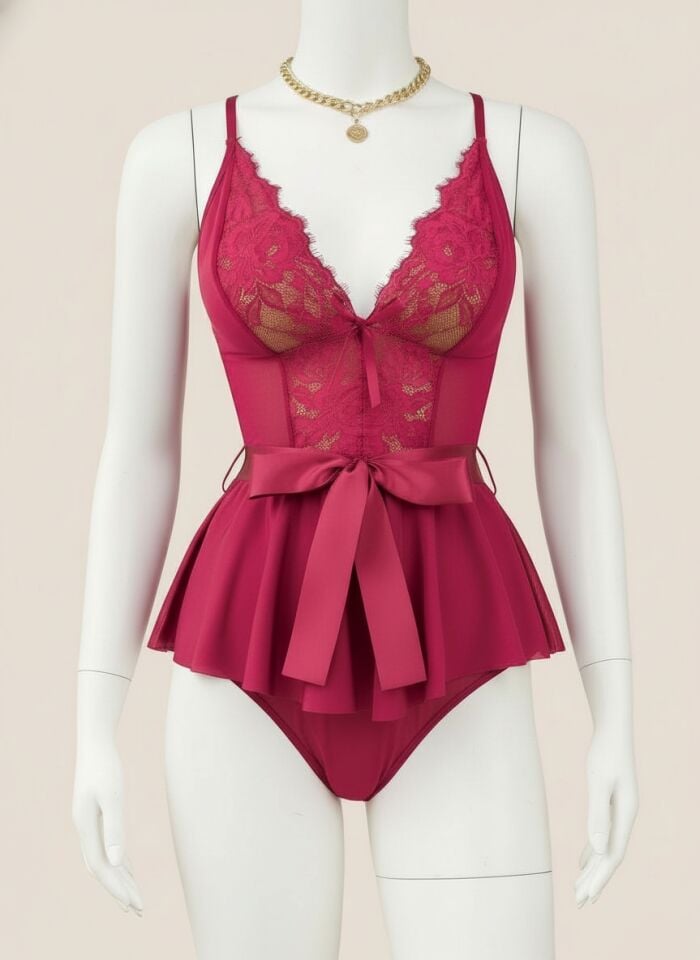 Arias Closet Fuşya Dantel İşlemeli Kurdelalı Fantezi Tül Babydoll