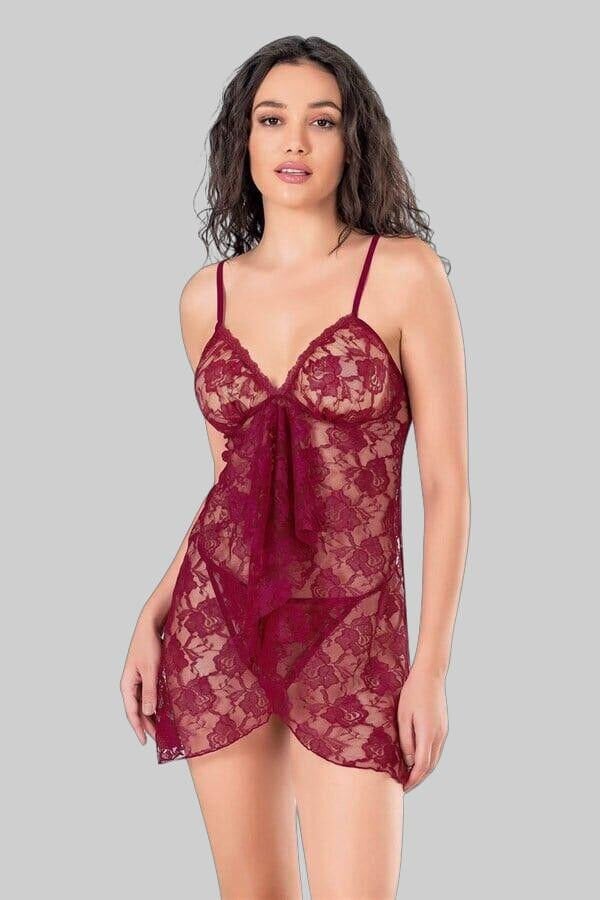 Arias Closet Bordo Kısa Tül Gecelik