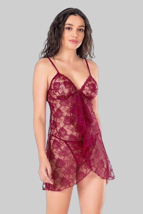 Arias Closet Bordo Kısa Tül Gecelik