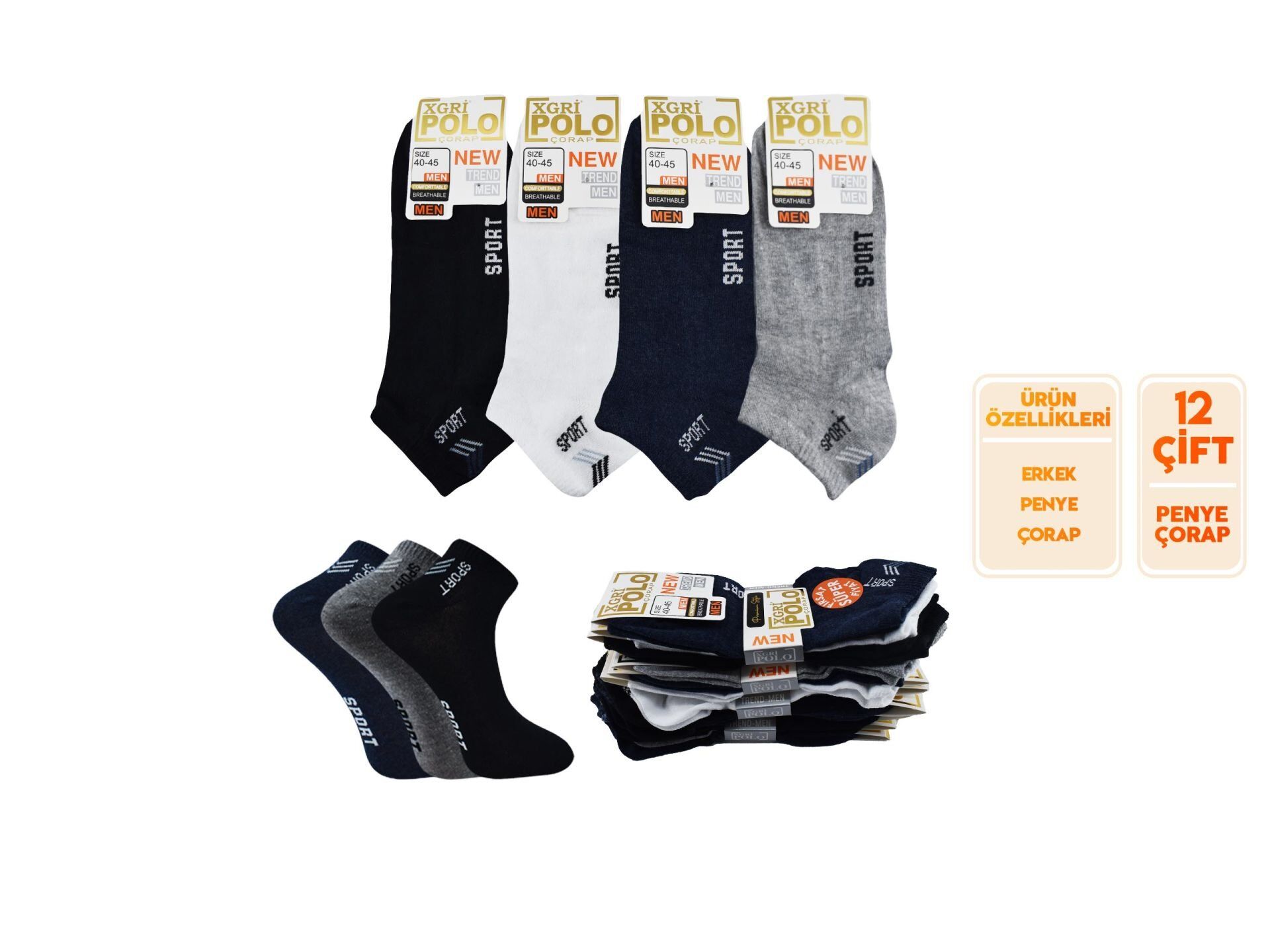 XGRİ POLO (E-E-3-2) Erkek Penye Patik 12'li
