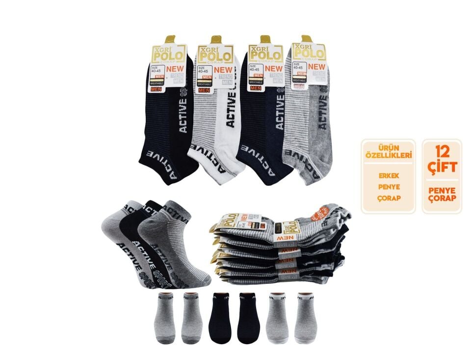 XGRİ POLO (E-E-3-3) Erkek Penye Patik 12'li