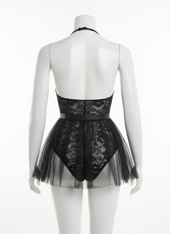 Arias Closet Özel Tasarım Tül Etekli Dantelli Siyah Fantezi Body