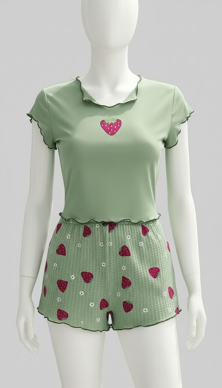 Arias Closet Yeşil Çilek Desenli Askılı Şortlu Pijama Takım