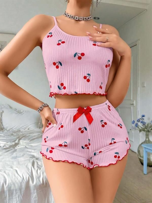 Arias Closet Pembe Kiraz Desenli Askılı Şortlu Pijama