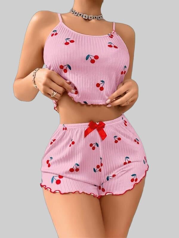 Pembe Kiraz Desenli Askılı Şortlu Pijama