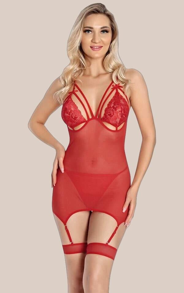Arias Closet Kırmızı Dantel İşlemeli Göğüs İp Detaylı Fantezi Jartiyer Takımı