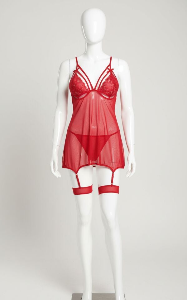 Arias Closet Kırmızı Dantel İşlemeli Göğüs İp Detaylı Fantezi Jartiyer Takımı