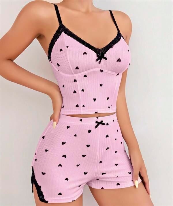 Arias Closet Pembe Kalp Desenli Askılı Şortlu Pijama Takım