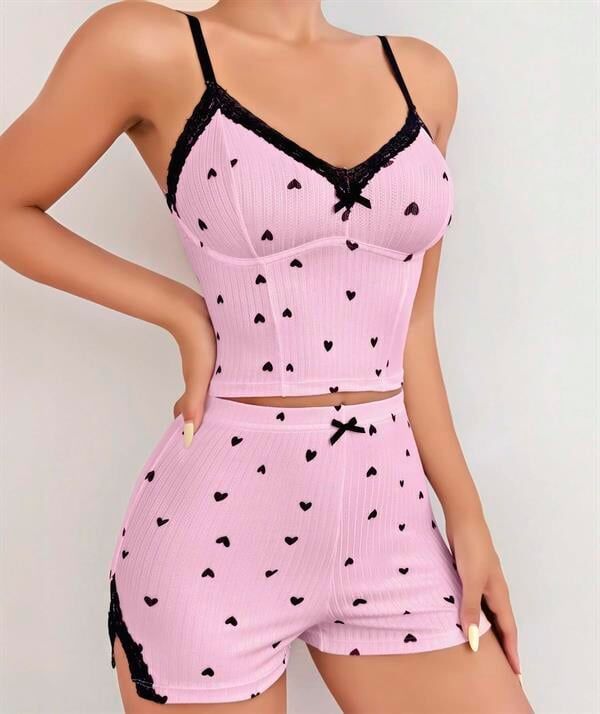Arias Closet Pembe Kalp Desenli Askılı Şortlu Pijama Takım