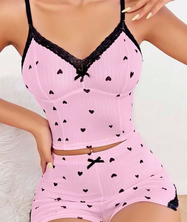 Arias Closet Pembe Kalp Desenli Askılı Şortlu Pijama Takım