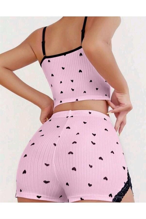 Arias Closet Pembe Kalp Desenli Askılı Şortlu Pijama Takım