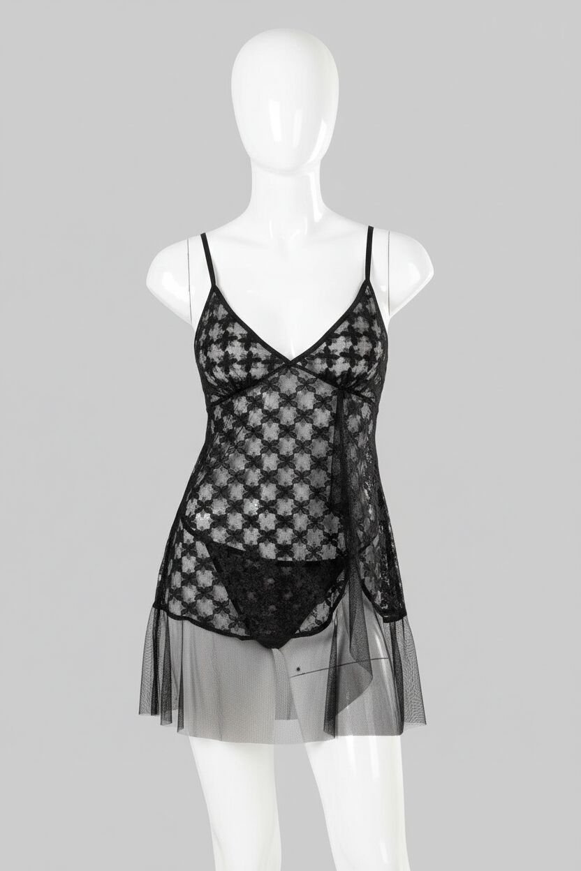 Siyah Kısa Tül Gecelik