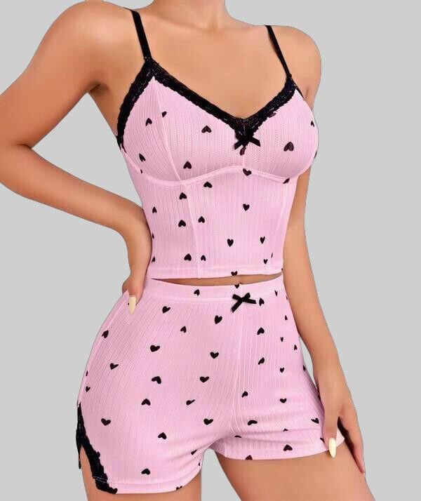 Pembe Kalp Desenli Askılı Şortlu Pijama Takım