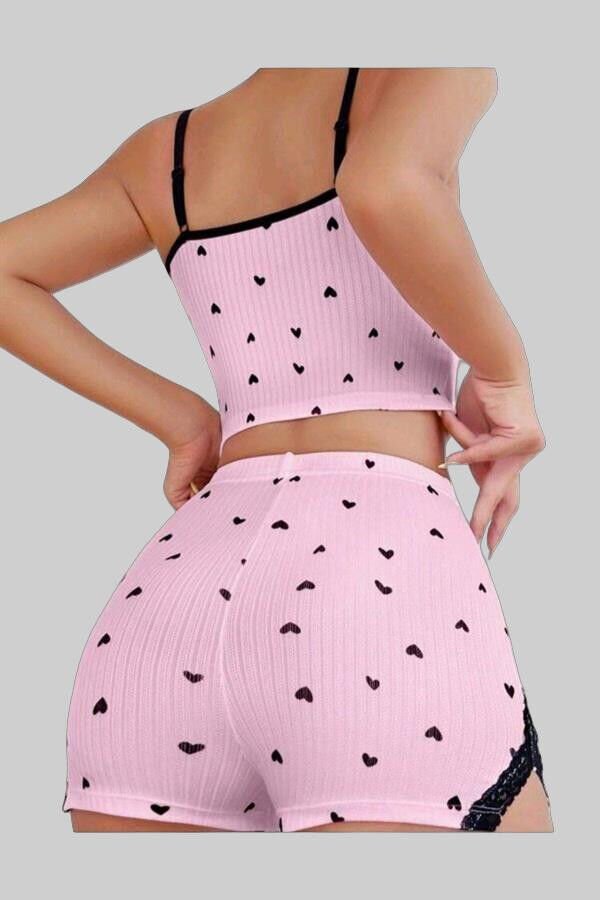 Pembe Kalp Desenli Askılı Şortlu Pijama Takım