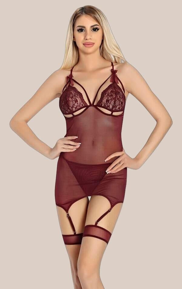 Arias Closet Bordo Dantel İşlemeli Göğüs İp Detaylı Fantezi Jartiyer Takımı