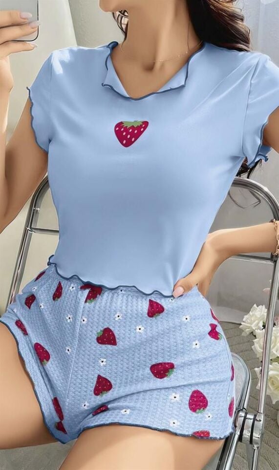 Arias Closet Çilek Desenli Mavi Seksi Pijama Takım