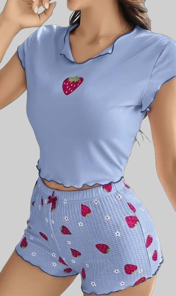 Arias Closet Çilek Desenli Mavi Seksi Pijama Takım