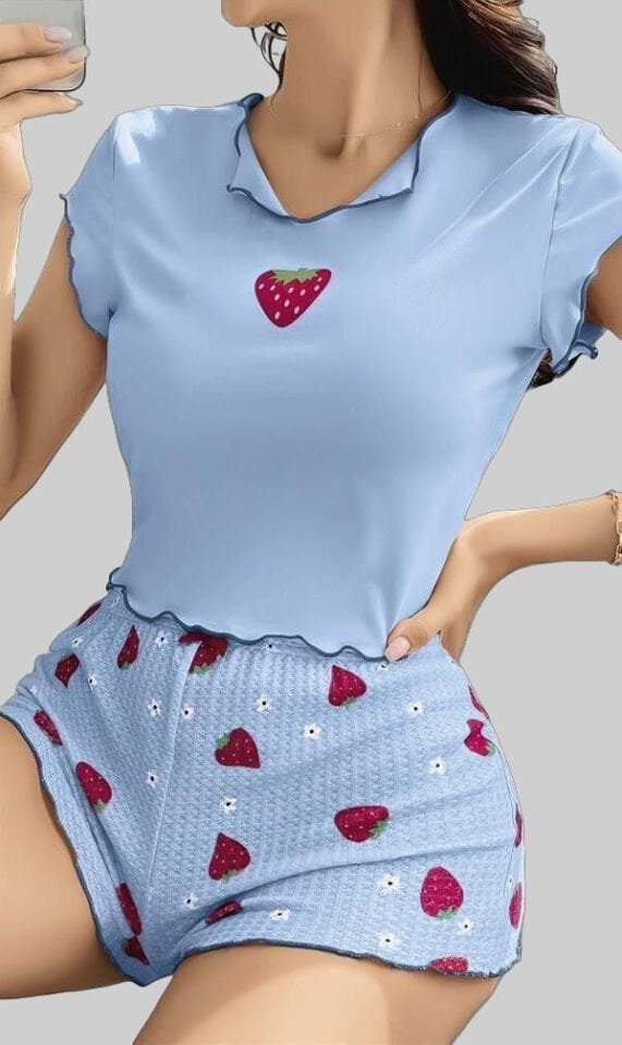 Arias Closet Çilek Desenli Mavi Seksi Pijama Takım