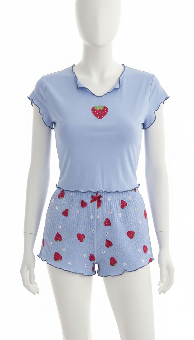 Arias Closet Çilek Desenli Mavi Seksi Pijama Takım