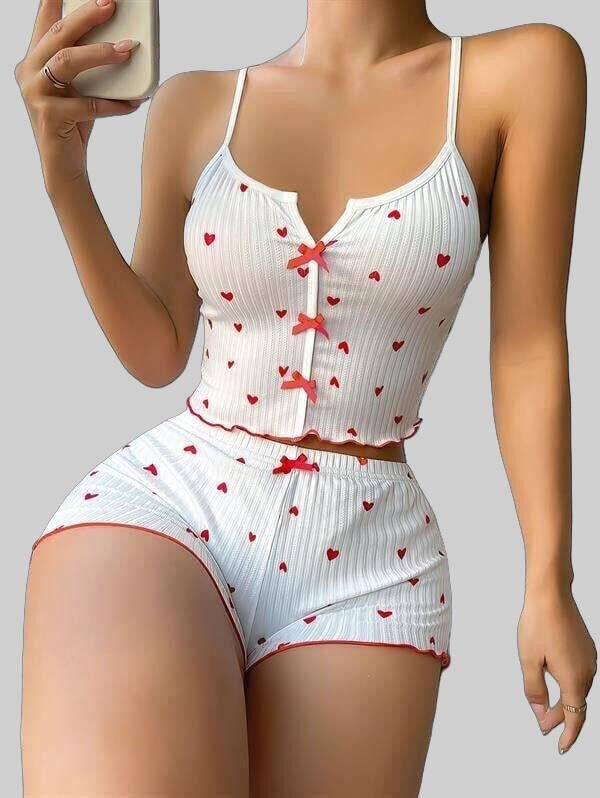 Arias Closet Beyaz Fiyonk Desenli Kalpli Askılı Şortlu Pijama Takım