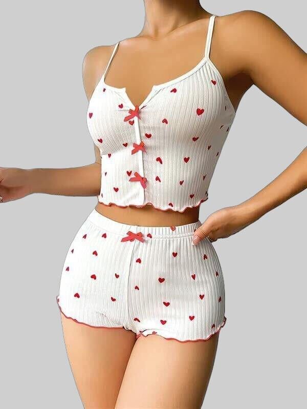 Arias Closet Beyaz Fiyonk Desenli Kalpli Askılı Şortlu Pijama Takım