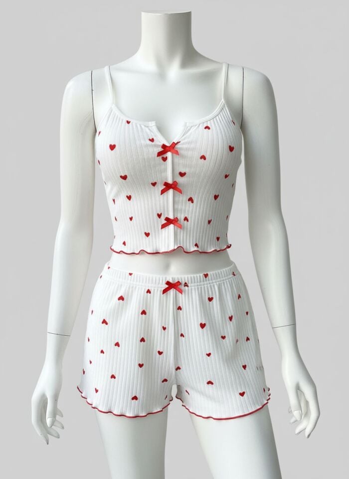 Arias Closet Beyaz Fiyonk Desenli Kalpli Askılı Şortlu Pijama Takım