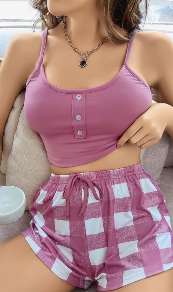 Arias Closet Pembe Kareli Desenli Askılı Şortlu Pijama Takım