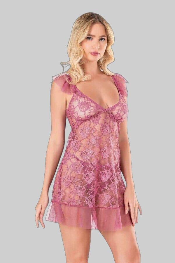 Gül Kurusu Kısa Tül Gecelik