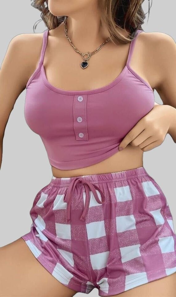 Arias Closet Pembe Kareli Desenli Askılı Şortlu Pijama Takım
