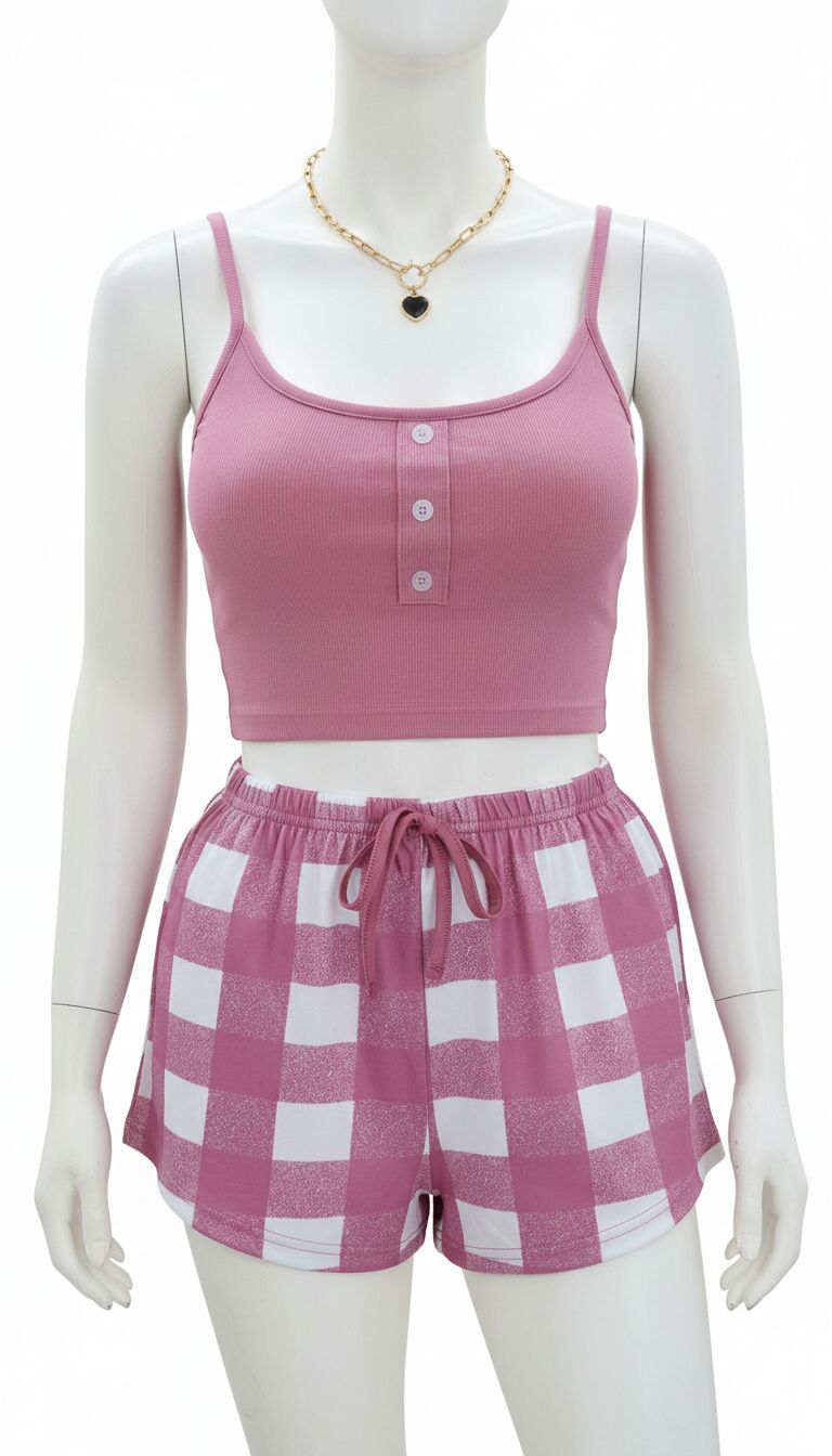 Arias Closet Pembe Kareli Desenli Askılı Şortlu Pijama Takım