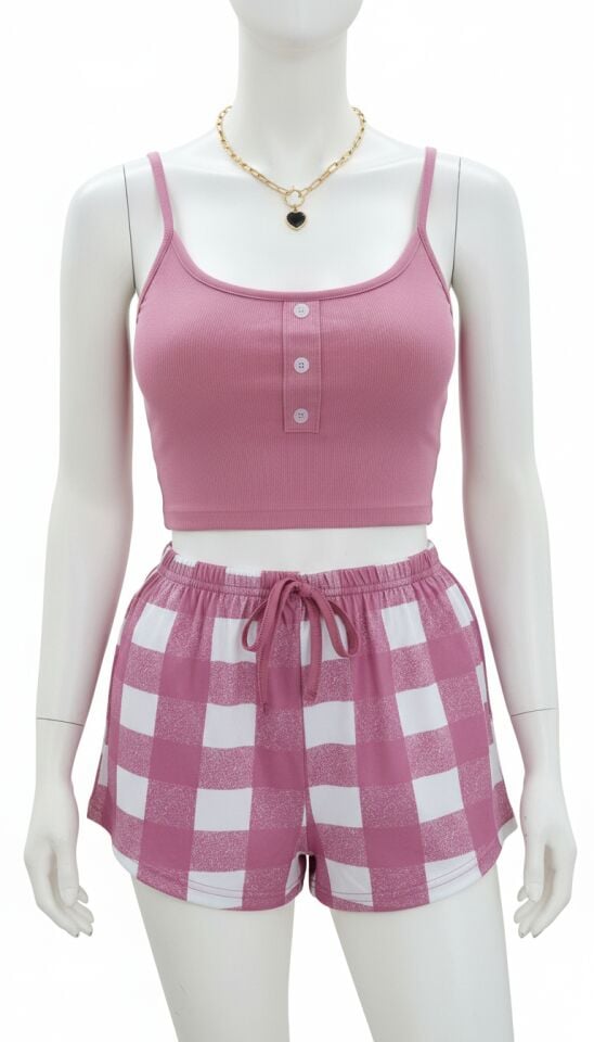 Arias Closet Pembe Kareli Desenli Askılı Şortlu Pijama Takım