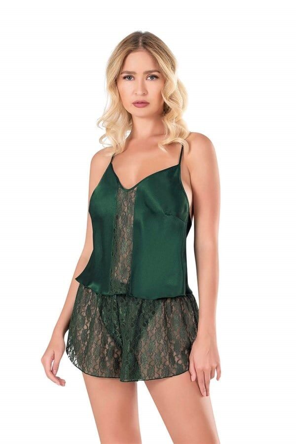 Arias Closet Koyu Yeşil Saten Babydoll Şort Takımı