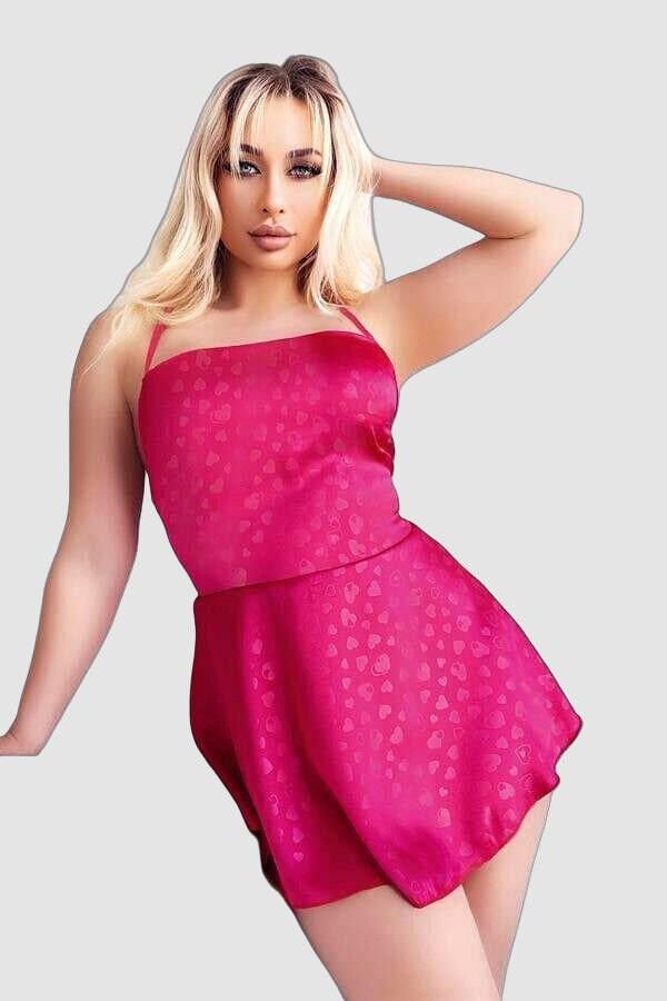 Arias Closet Derin Sırt Detay Kalp Desenli Saten Fuşya Fantezi Elbise