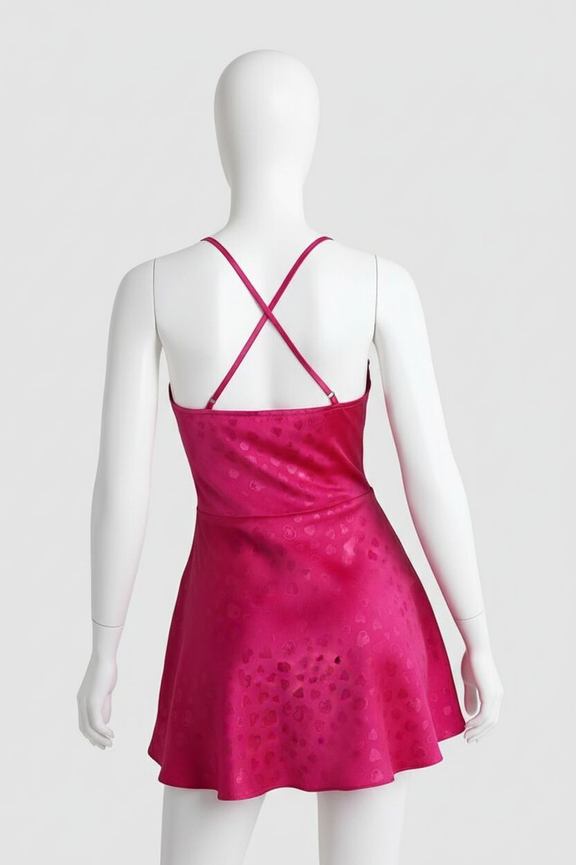 Arias Closet Derin Sırt Detay Kalp Desenli Saten Fuşya Fantezi Elbise