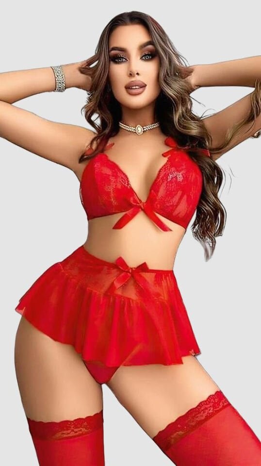 Arias Closet Kırmızı Dantel İşlemeli Etekli Sütyen Fantezi Takım