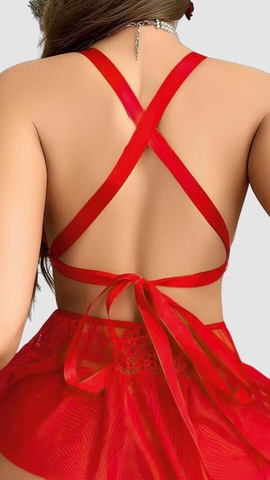 Arias Closet Kırmızı Dantel İşlemeli Etekli Sütyen Fantezi Takım