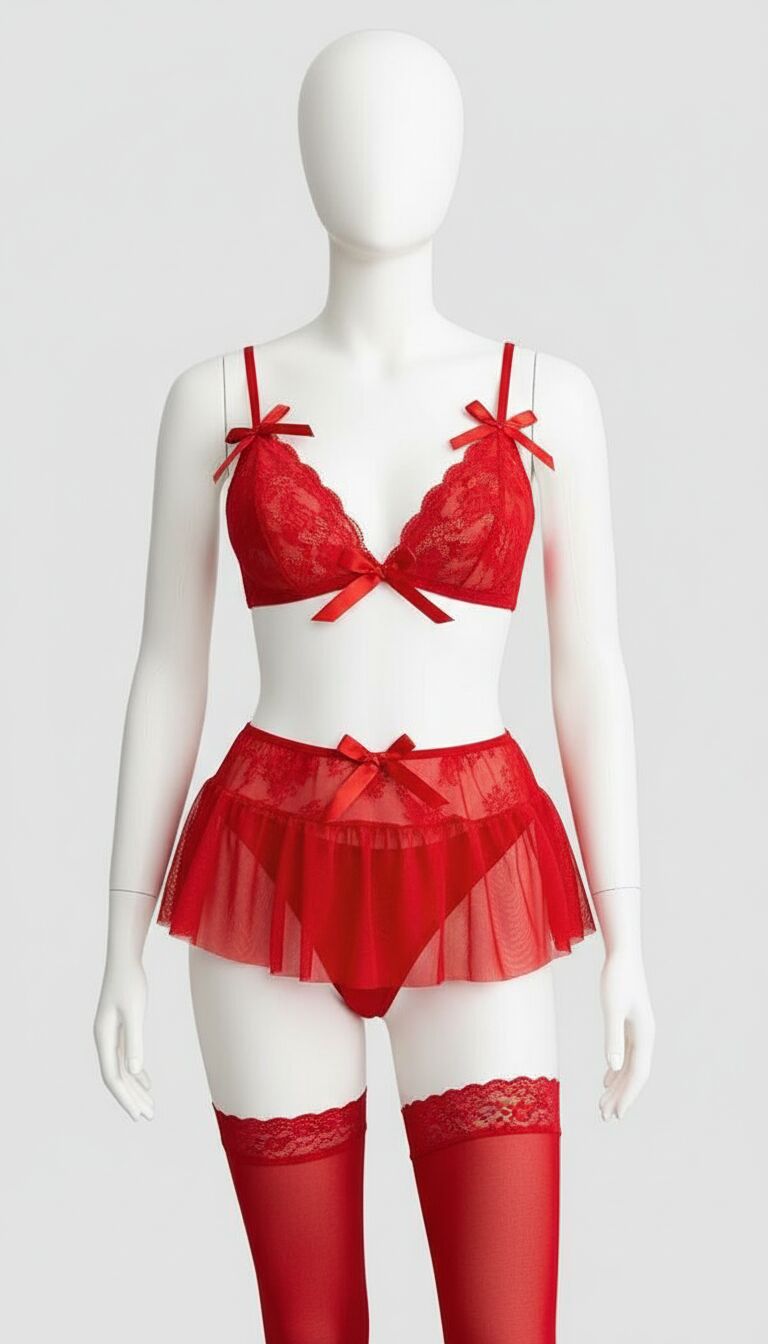Kırmızı Dantel İşlemeli Etekli Sütyen Fantezi Takım