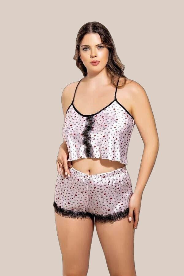 Öpücük Desenli Fantezi Büyük Beden Şortlu Saten Takım