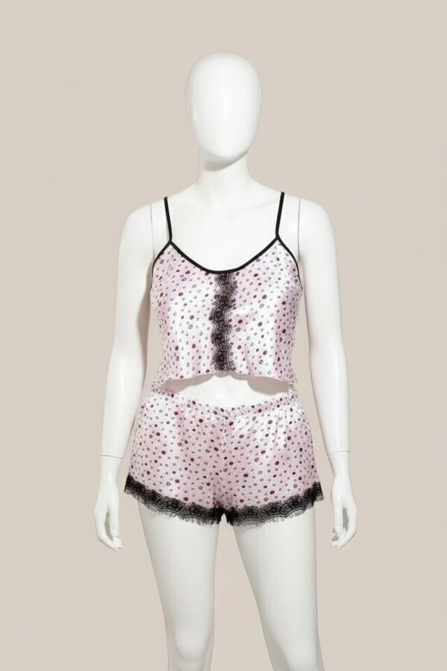 Öpücük Desenli Fantezi Büyük Beden Şortlu Saten Takım