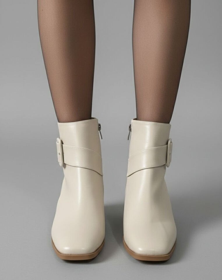 Kadın Küt Cilt Bot Bej Kare Tokalı Günlük Şık Tasarım